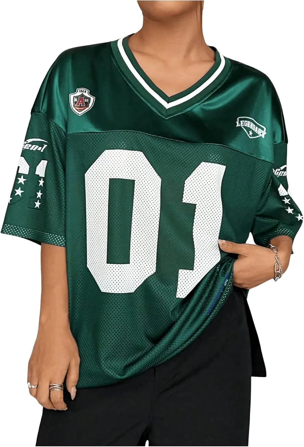 WDIRARA Women's Plus Size Football Jersey Shirts Oversized T Shirt Graphic Letter Print V Neck Short Sleeve Streetwear Top