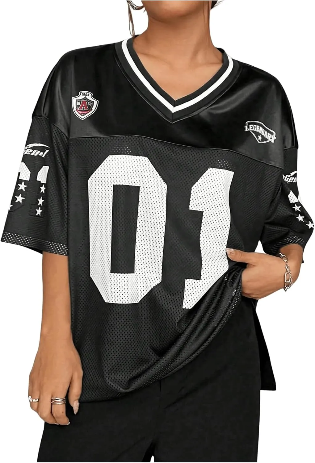 WDIRARA Women's Plus Size Football Jersey Shirts Oversized T Shirt Graphic Letter Print V Neck Short Sleeve Streetwear Top