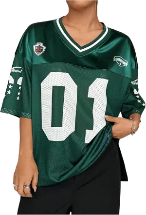 WDIRARA Women's Plus Size Football Jersey Shirts Oversized T Shirt Graphic Letter Print V Neck Short Sleeve Streetwear Top