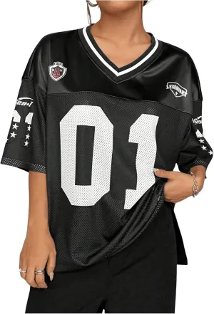 WDIRARA Women's Plus Size Football Jersey Shirts Oversized T Shirt Graphic Letter Print V Neck Short Sleeve Streetwear Top
