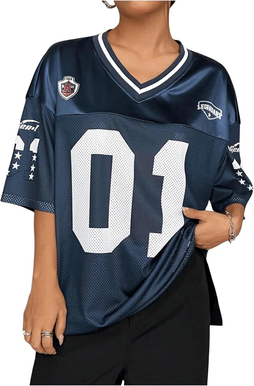 WDIRARA Women's Plus Size Football Jersey Shirts Oversized T Shirt Graphic Letter Print V Neck Short Sleeve Streetwear Top