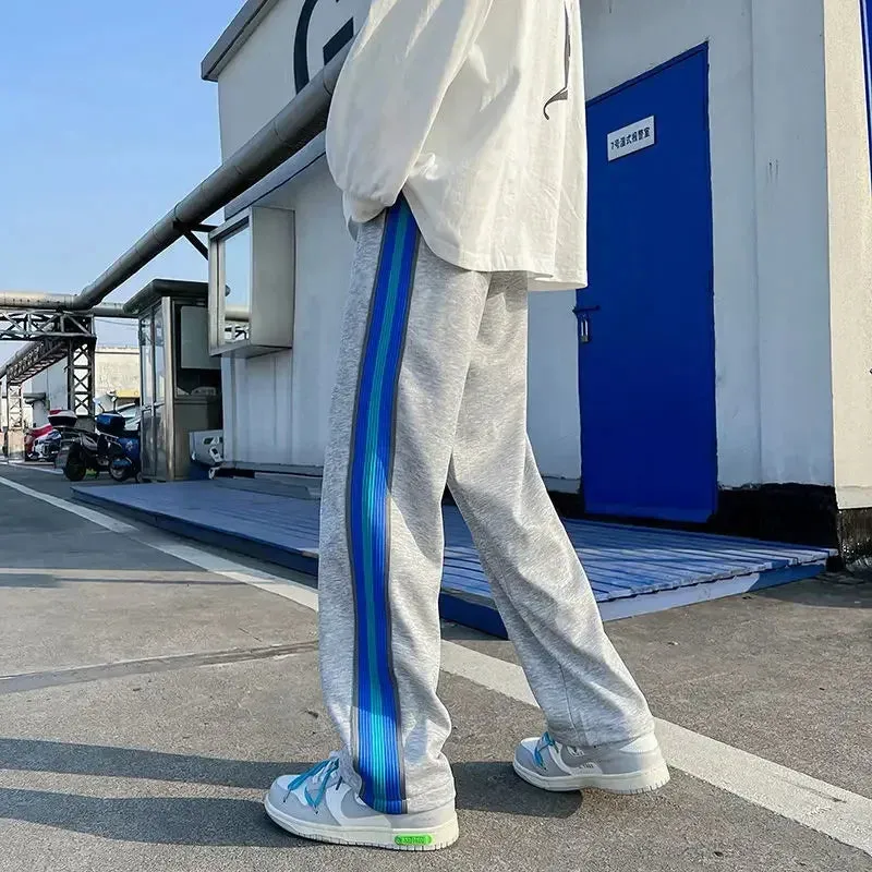 Wiaofellas  -  Trousers Wide Leg Man Sweat Pants Straight Stripe Men's Sweatpants Y2k Harajuku Slacks Elastic Korean Style Tracksuit Bottoms
