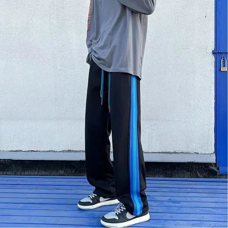 Wiaofellas  -  Trousers Wide Leg Man Sweat Pants Straight Stripe Men's Sweatpants Y2k Harajuku Slacks Elastic Korean Style Tracksuit Bottoms
