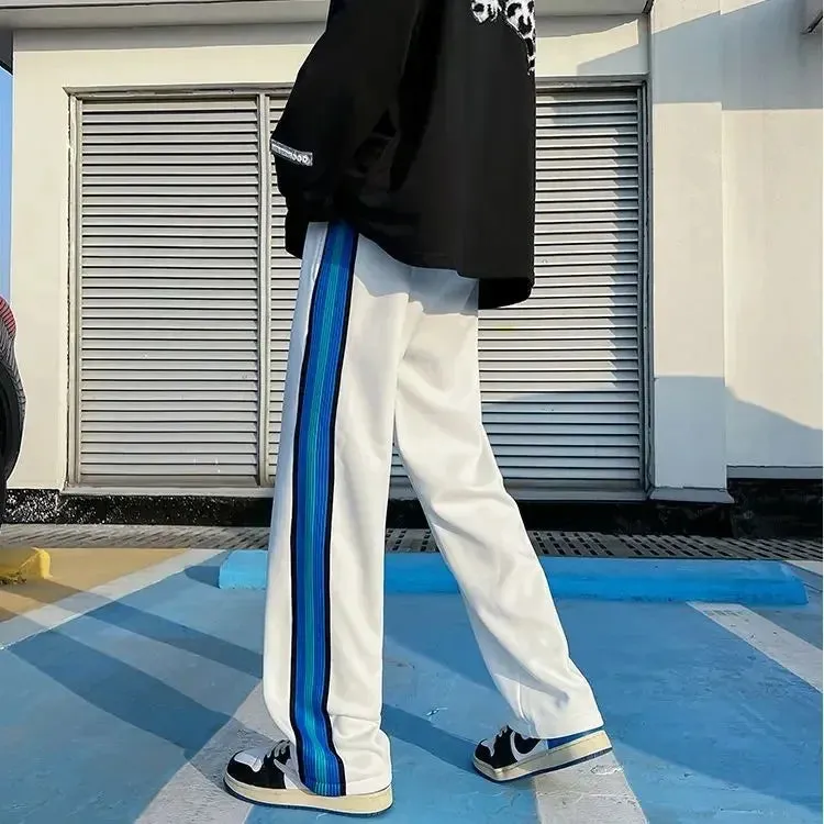 Wiaofellas  -  Trousers Wide Leg Man Sweat Pants Straight Stripe Men's Sweatpants Y2k Harajuku Slacks Elastic Korean Style Tracksuit Bottoms
