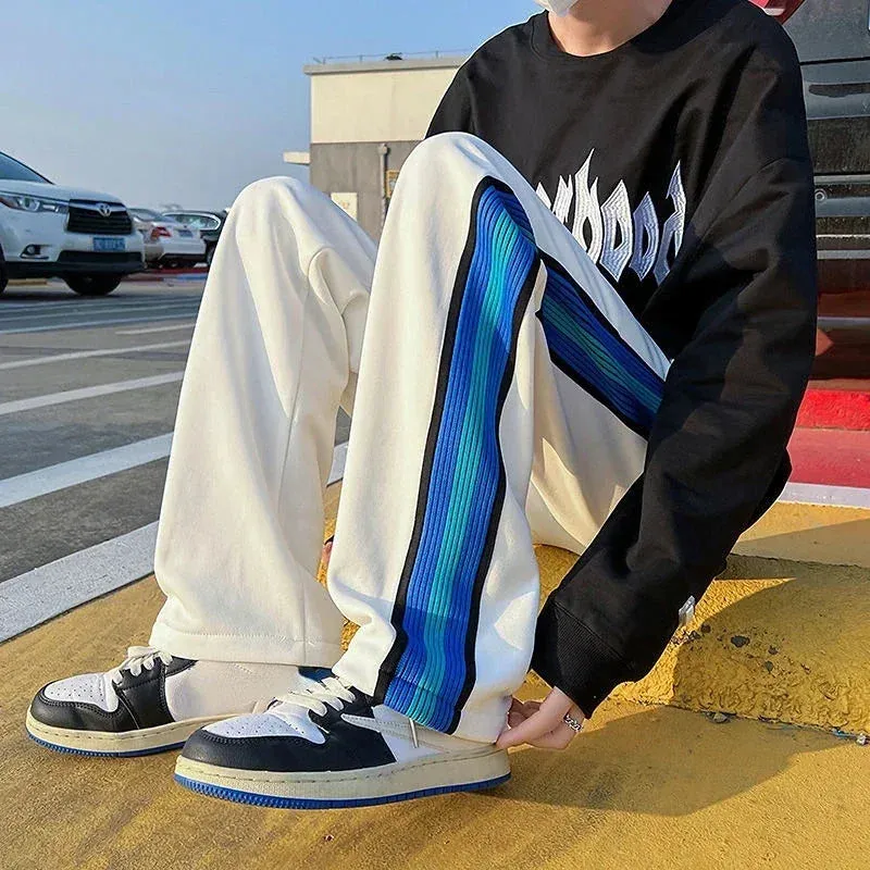 Wiaofellas  -  Trousers Wide Leg Man Sweat Pants Straight Stripe Men's Sweatpants Y2k Harajuku Slacks Elastic Korean Style Tracksuit Bottoms