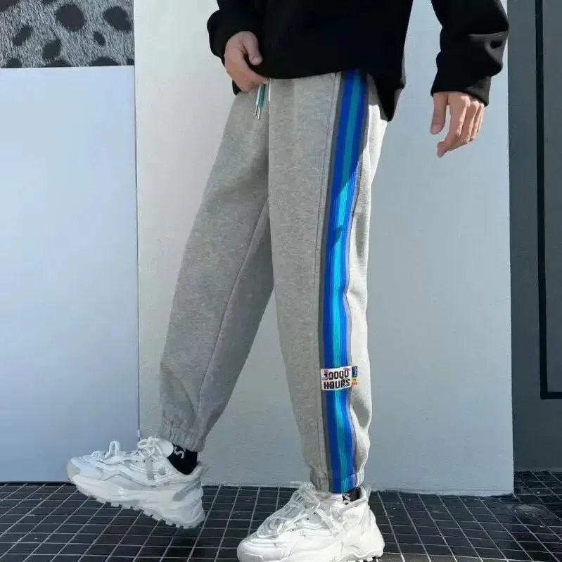Wiaofellas  -  Trousers Wide Leg Man Sweat Pants Straight Stripe Men's Sweatpants Y2k Harajuku Slacks Elastic Korean Style Tracksuit Bottoms