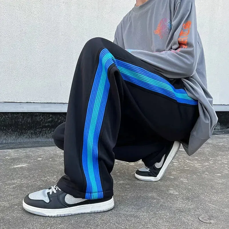 Wiaofellas  -  Trousers Wide Leg Man Sweat Pants Straight Stripe Men's Sweatpants Y2k Harajuku Slacks Elastic Korean Style Tracksuit Bottoms
