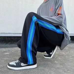Wiaofellas  -  Trousers Wide Leg Man Sweat Pants Straight Stripe Men's Sweatpants Y2k Harajuku Slacks Elastic Korean Style Tracksuit Bottoms