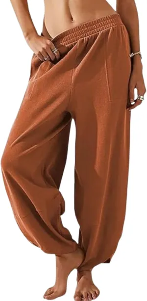 Wide Leg Harem Pants for Women Elastic Waist Casual Loose Pants Baggy Solid Palazzo Comfort Trousers with Pockets