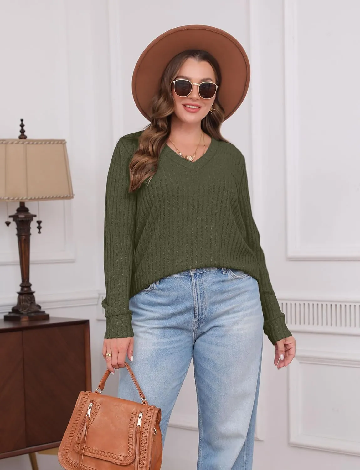 WIHOLL V Neck Long Sleeve Shirts for Women Casual Fall Tops Lightweight Tunic Sweaters Fashion Clothes 2024