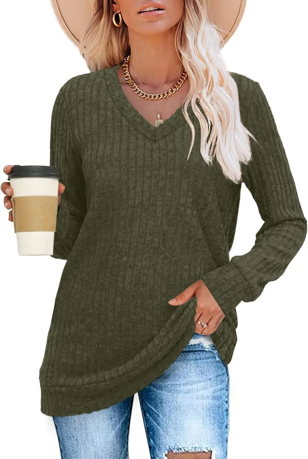 WIHOLL V Neck Long Sleeve Shirts for Women Casual Fall Tops Lightweight Tunic Sweaters Fashion Clothes 2024