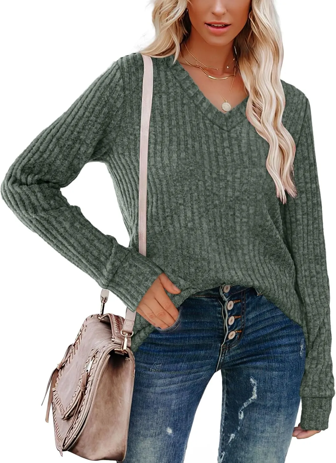 WIHOLL V Neck Long Sleeve Shirts for Women Casual Fall Tops Lightweight Tunic Sweaters Fashion Clothes 2024