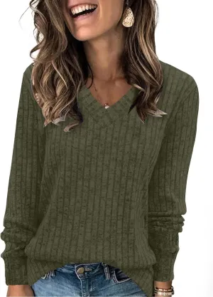 WIHOLL V Neck Long Sleeve Shirts for Women Casual Fall Tops Lightweight Tunic Sweaters Fashion Clothes 2024