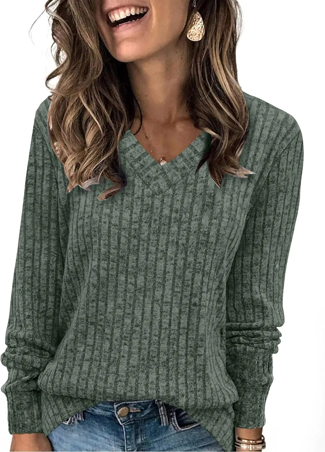 WIHOLL V Neck Long Sleeve Shirts for Women Casual Fall Tops Lightweight Tunic Sweaters Fashion Clothes 2024
