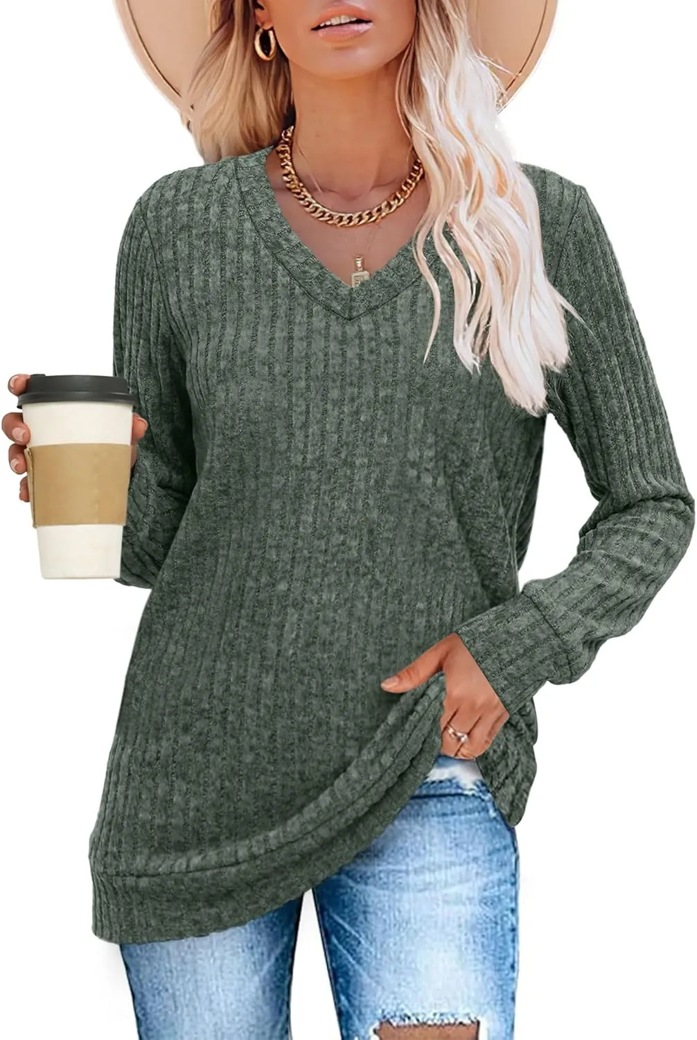 WIHOLL V Neck Long Sleeve Shirts for Women Casual Fall Tops Lightweight Tunic Sweaters Fashion Clothes 2024
