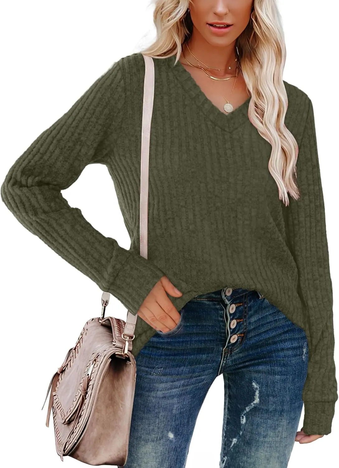 WIHOLL V Neck Long Sleeve Shirts for Women Casual Fall Tops Lightweight Tunic Sweaters Fashion Clothes 2024