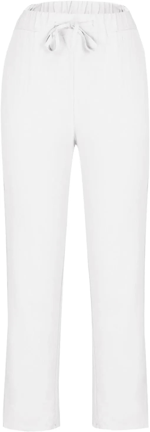 Women Linen Pants with Pockets Trendy Lightweight Wide Leg Loose Fit Slacks Drawstring High Waist Printed Trousers