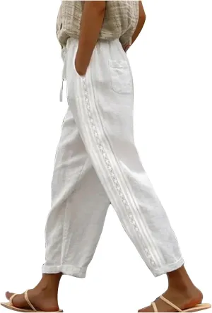 Women Linen Pants with Pockets Trendy Lightweight Wide Leg Loose Fit Slacks Drawstring High Waist Printed Trousers