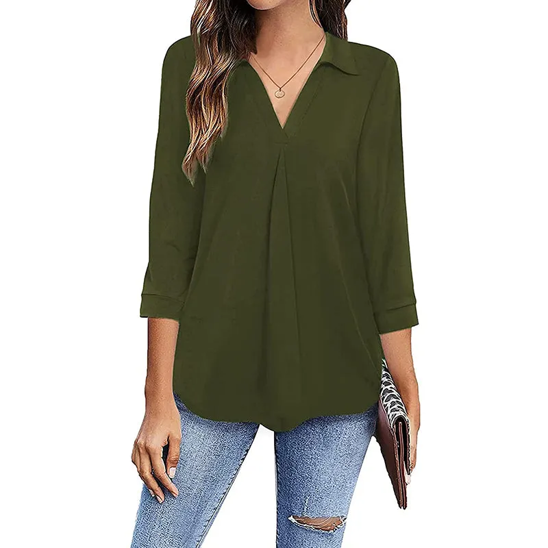 Womens 3/4 Sleeve Shirts Collared V Neck Business Casual Tops Loose Work Blouses