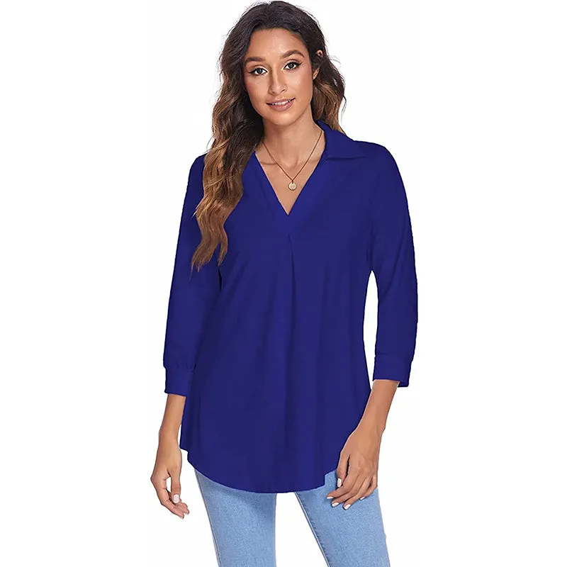 Womens 3/4 Sleeve Shirts Collared V Neck Business Casual Tops Loose Work Blouses