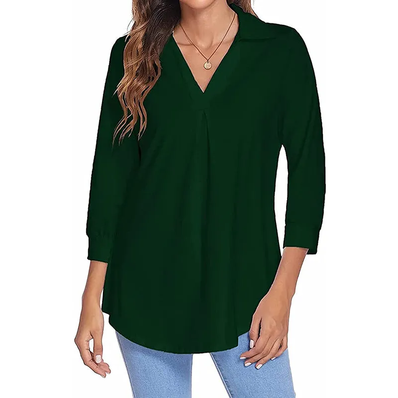 Womens 3/4 Sleeve Shirts Collared V Neck Business Casual Tops Loose Work Blouses