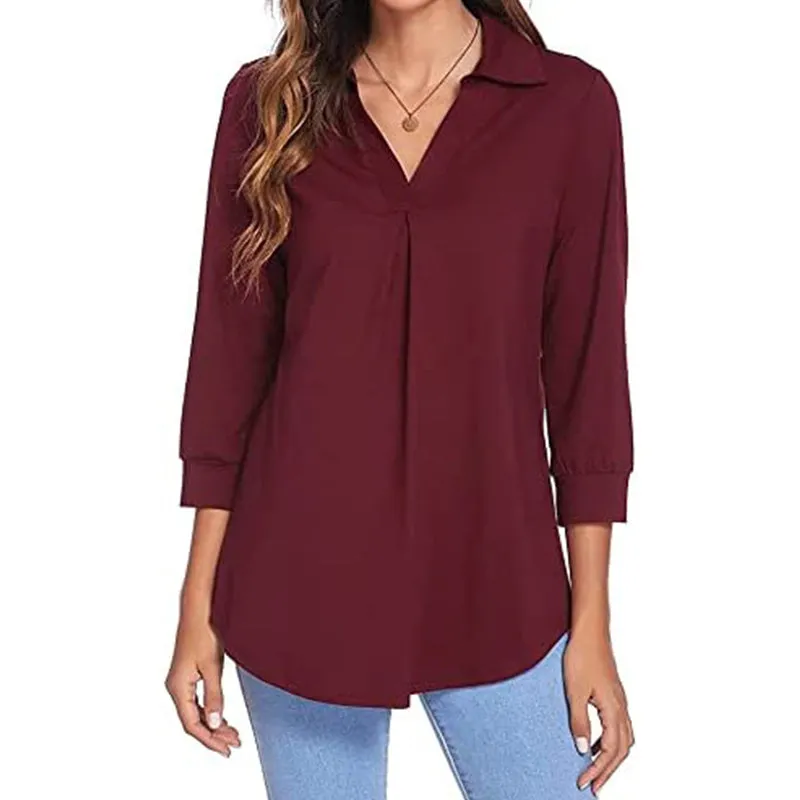 Womens 3/4 Sleeve Shirts Collared V Neck Business Casual Tops Loose Work Blouses