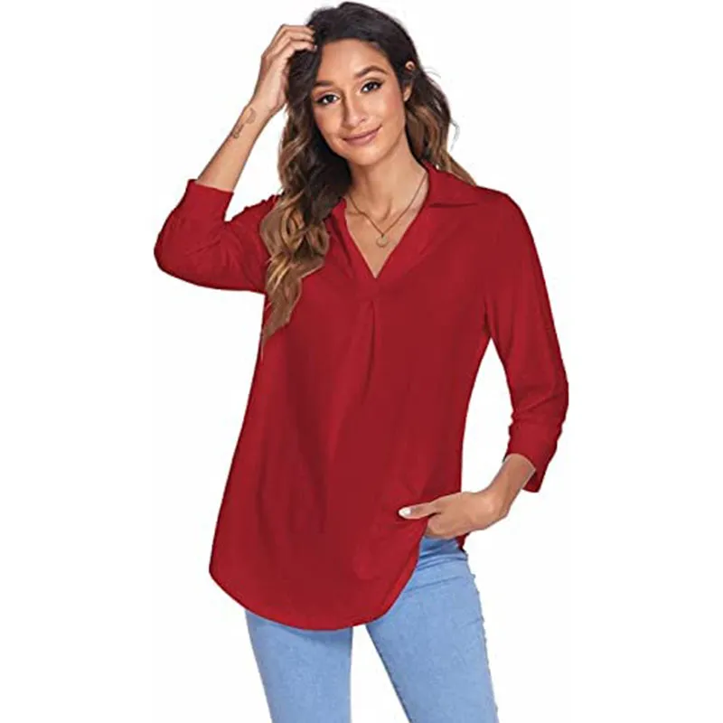 Womens 3/4 Sleeve Shirts Collared V Neck Business Casual Tops Loose Work Blouses