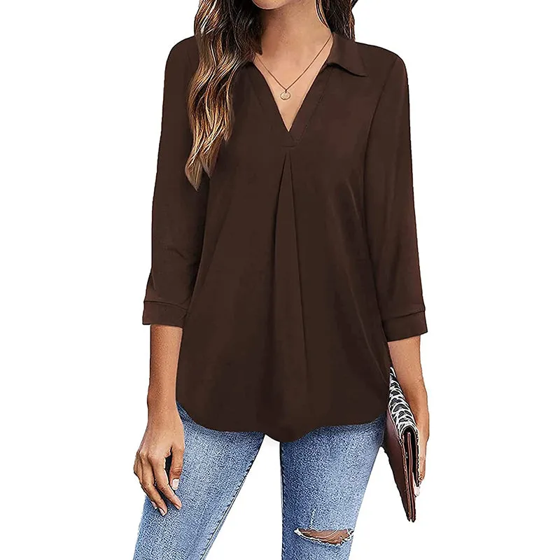 Womens 3/4 Sleeve Shirts Collared V Neck Business Casual Tops Loose Work Blouses