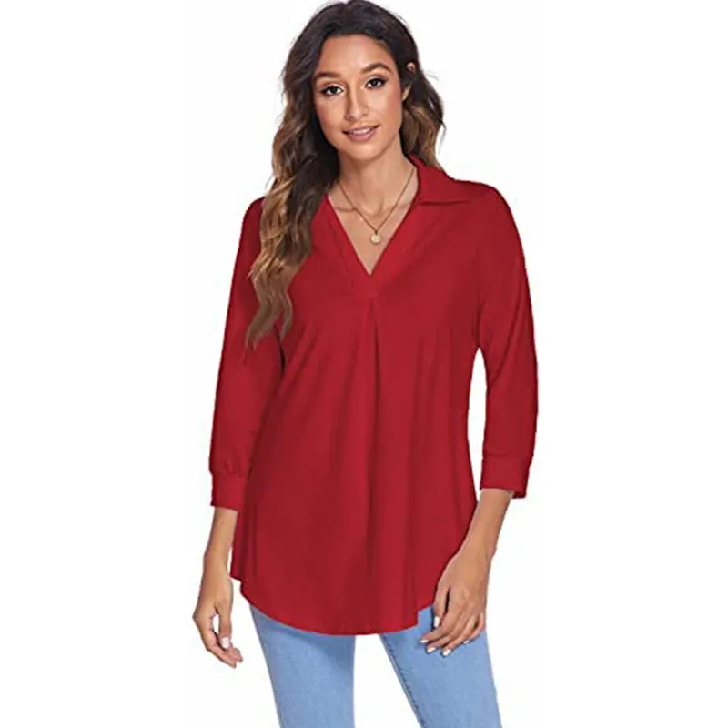 Womens 3/4 Sleeve Shirts Collared V Neck Business Casual Tops Loose Work Blouses