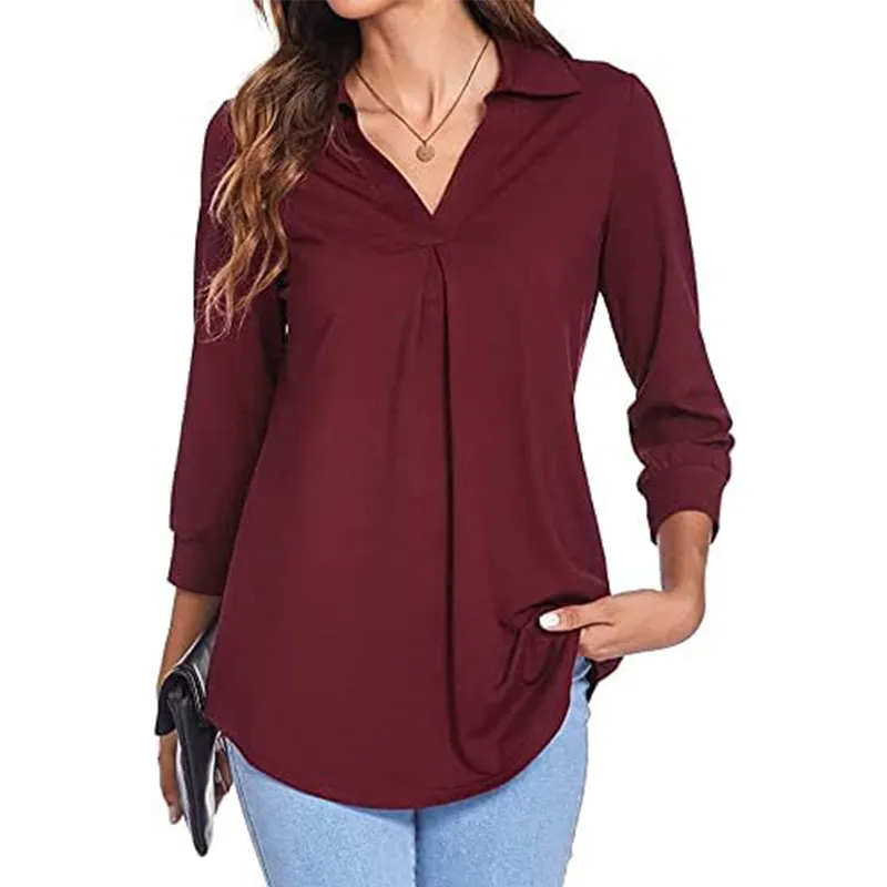 Womens 3/4 Sleeve Shirts Collared V Neck Business Casual Tops Loose Work Blouses