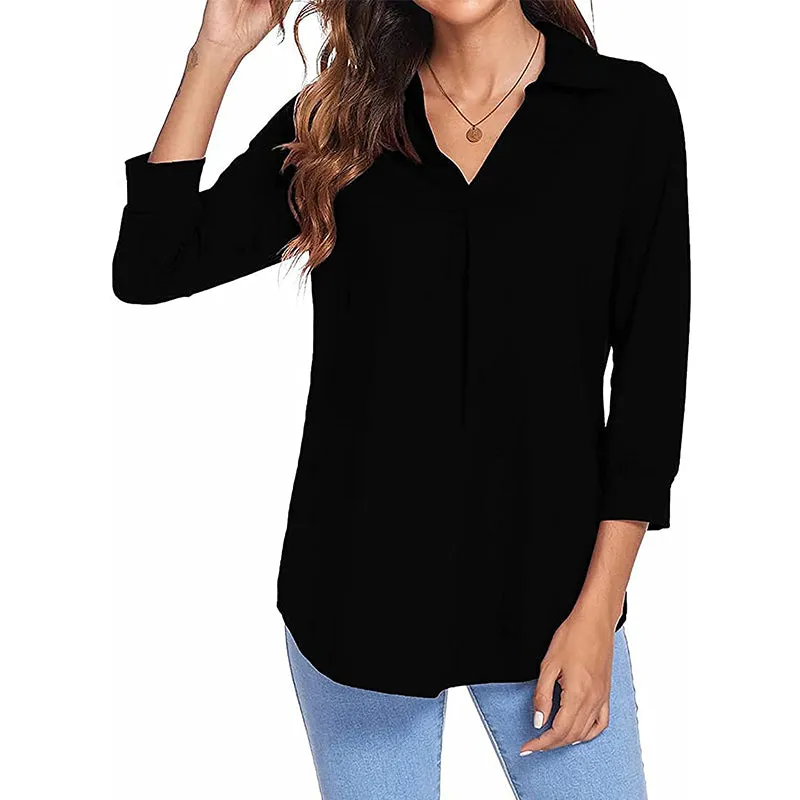 Womens 3/4 Sleeve Shirts Collared V Neck Business Casual Tops Loose Work Blouses