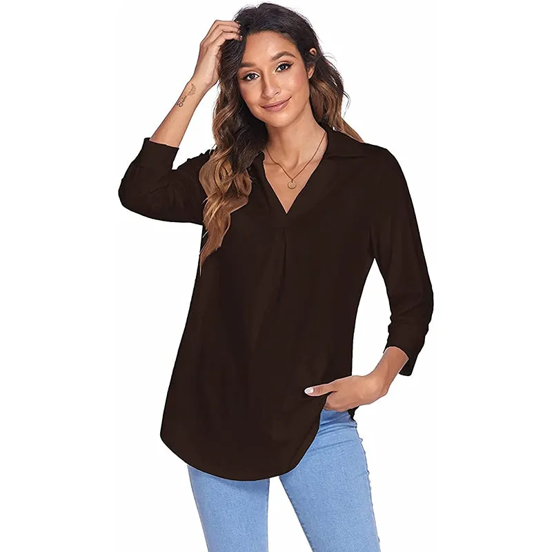 Womens 3/4 Sleeve Shirts Collared V Neck Business Casual Tops Loose Work Blouses