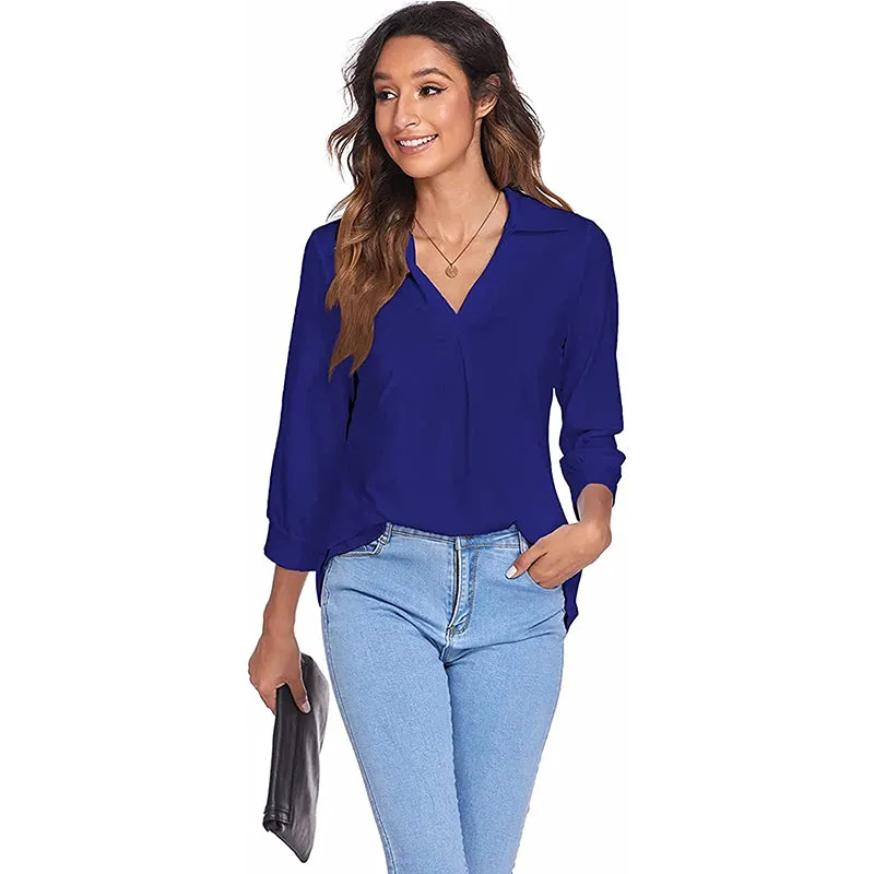 Womens 3/4 Sleeve Shirts Collared V Neck Business Casual Tops Loose Work Blouses