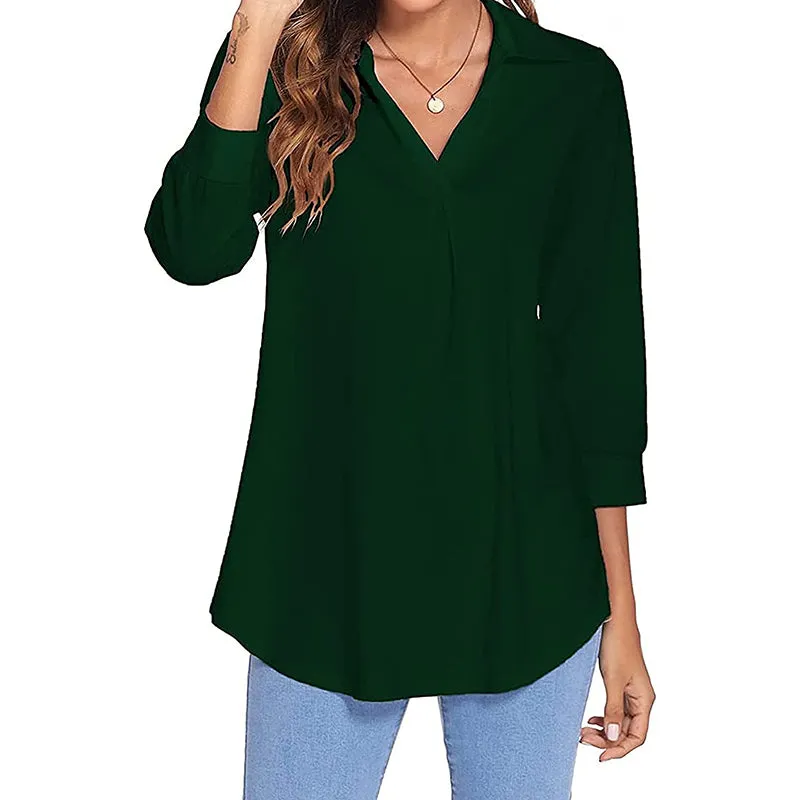 Womens 3/4 Sleeve Shirts Collared V Neck Business Casual Tops Loose Work Blouses