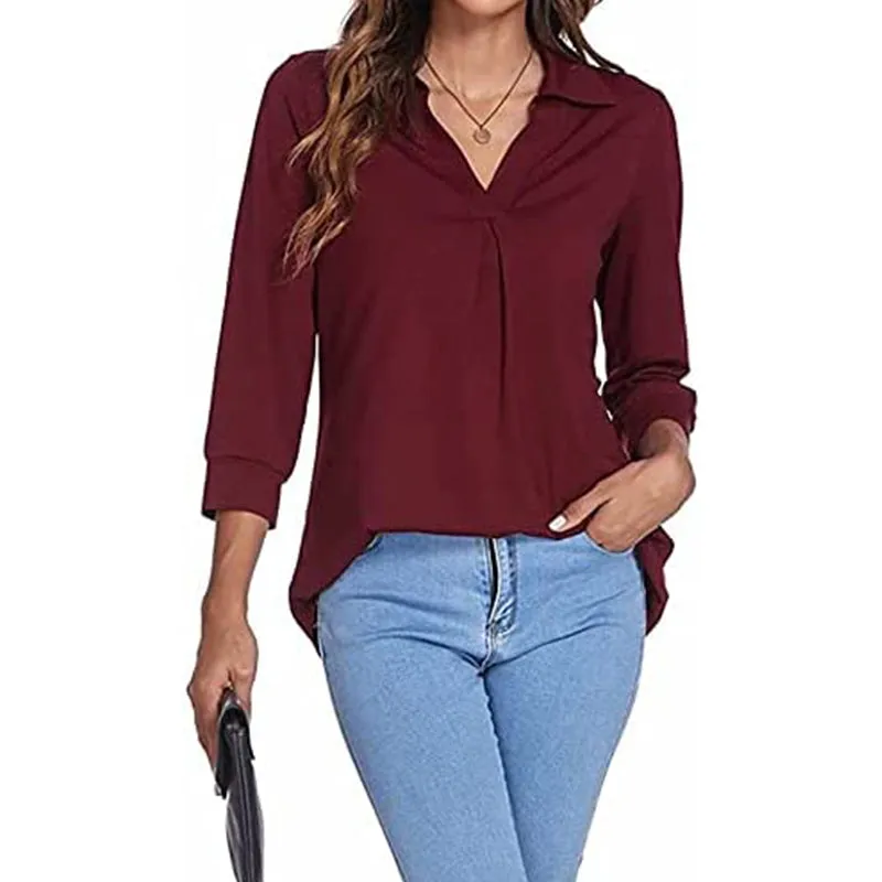 Womens 3/4 Sleeve Shirts Collared V Neck Business Casual Tops Loose Work Blouses