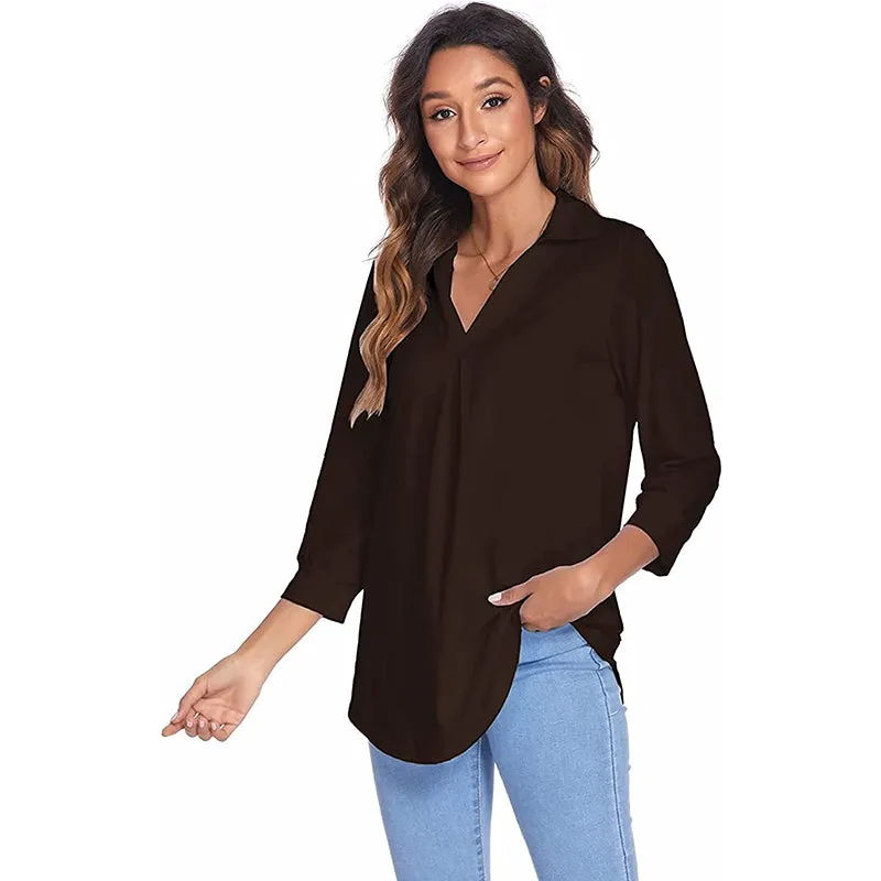 Womens 3/4 Sleeve Shirts Collared V Neck Business Casual Tops Loose Work Blouses