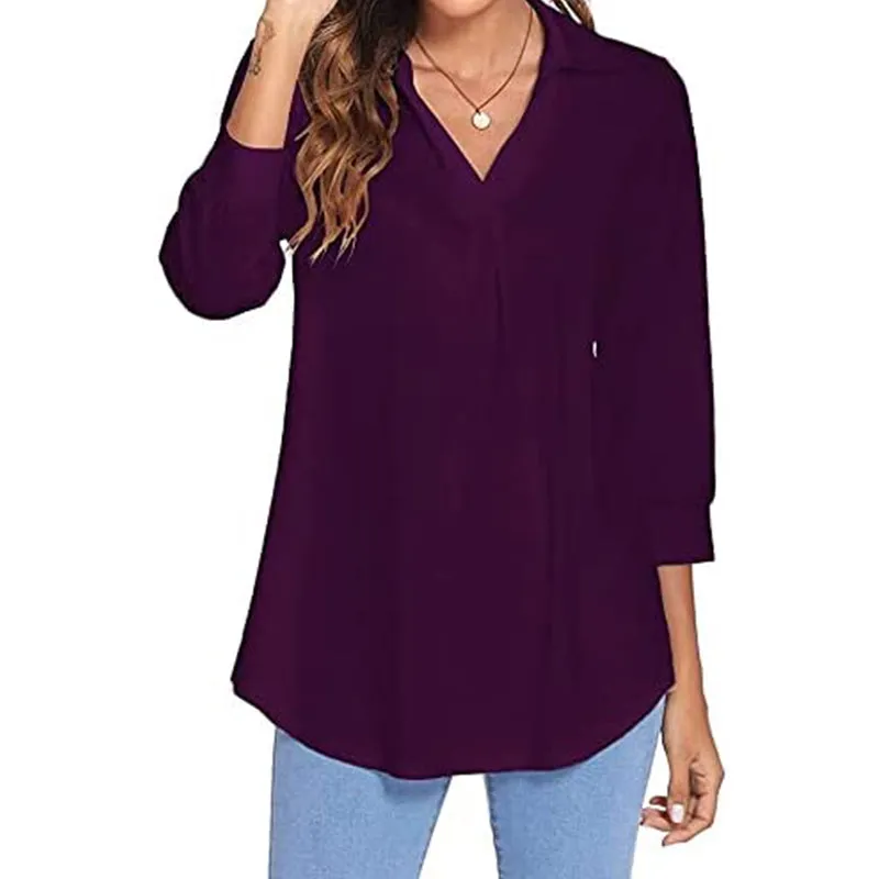 Womens 3/4 Sleeve Shirts Collared V Neck Business Casual Tops Loose Work Blouses