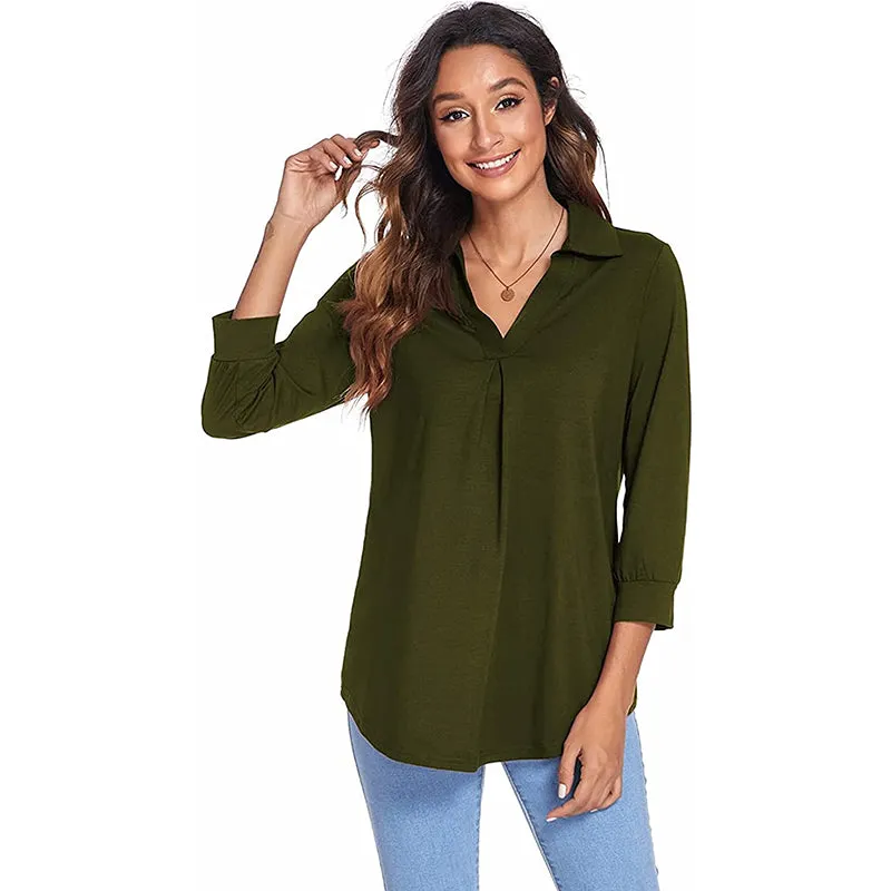Womens 3/4 Sleeve Shirts Collared V Neck Business Casual Tops Loose Work Blouses