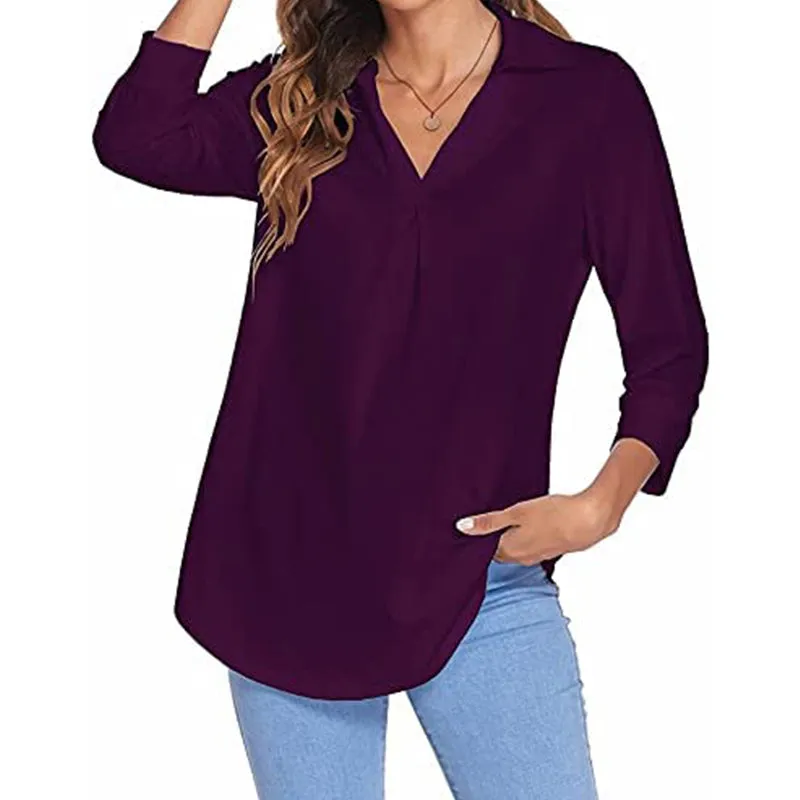 Womens 3/4 Sleeve Shirts Collared V Neck Business Casual Tops Loose Work Blouses