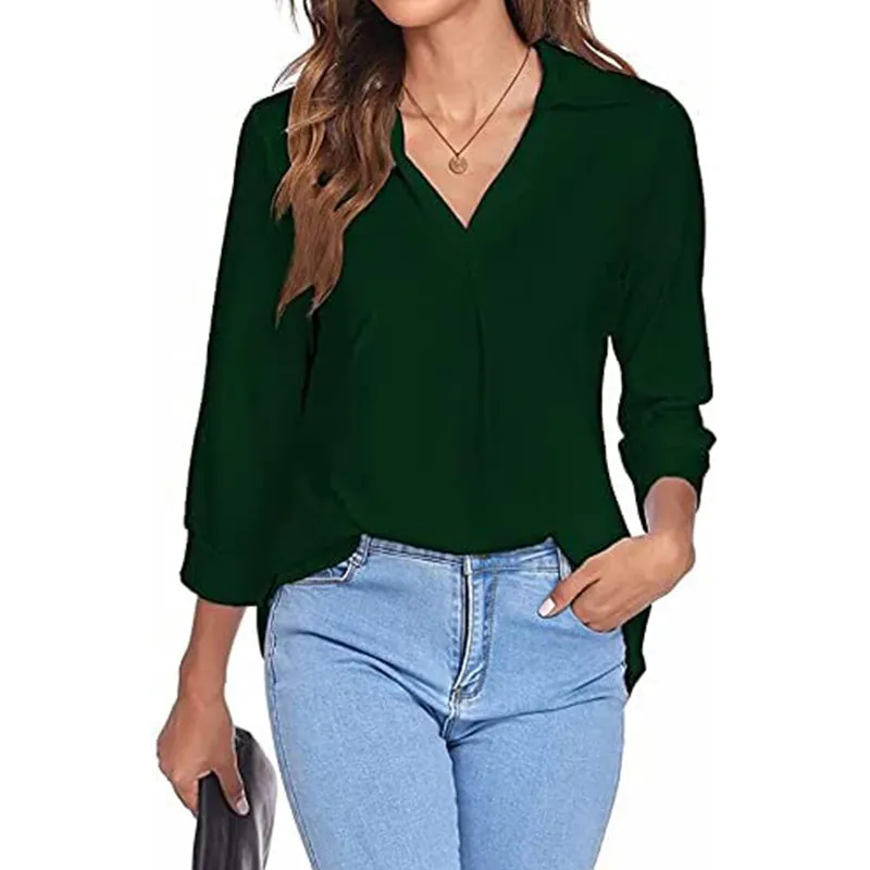 Womens 3/4 Sleeve Shirts Collared V Neck Business Casual Tops Loose Work Blouses