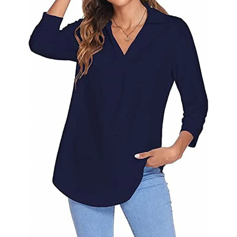 Womens 3/4 Sleeve Shirts Collared V Neck Business Casual Tops Loose Work Blouses