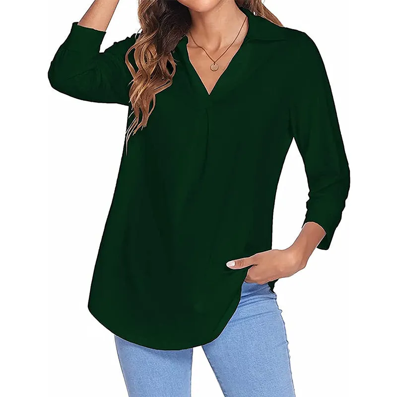 Womens 3/4 Sleeve Shirts Collared V Neck Business Casual Tops Loose Work Blouses