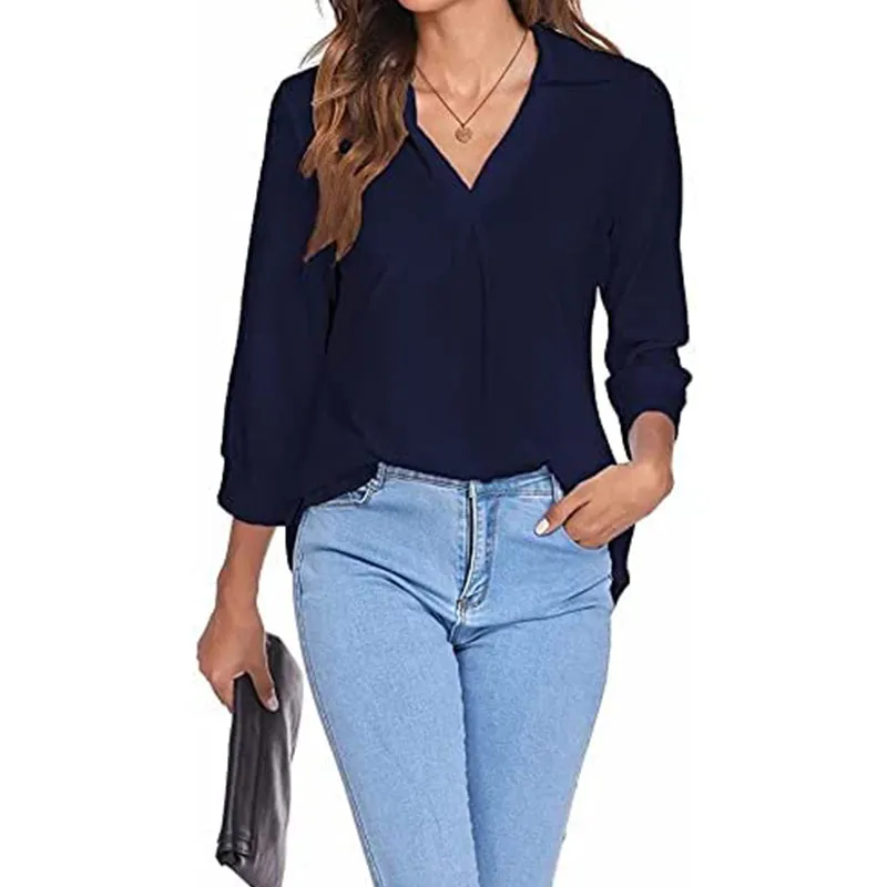 Womens 3/4 Sleeve Shirts Collared V Neck Business Casual Tops Loose Work Blouses