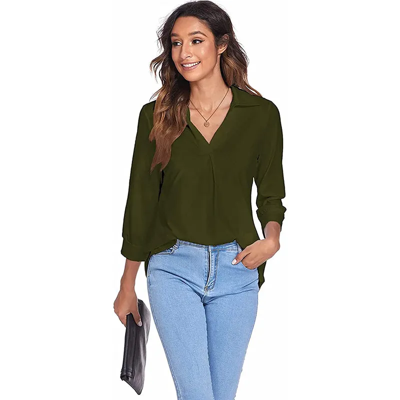 Womens 3/4 Sleeve Shirts Collared V Neck Business Casual Tops Loose Work Blouses