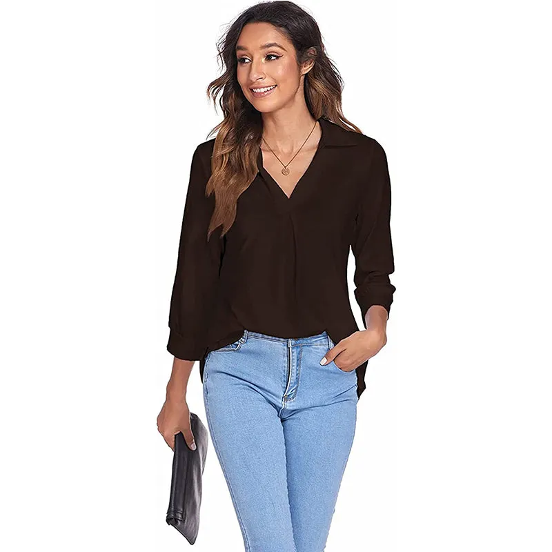 Womens 3/4 Sleeve Shirts Collared V Neck Business Casual Tops Loose Work Blouses