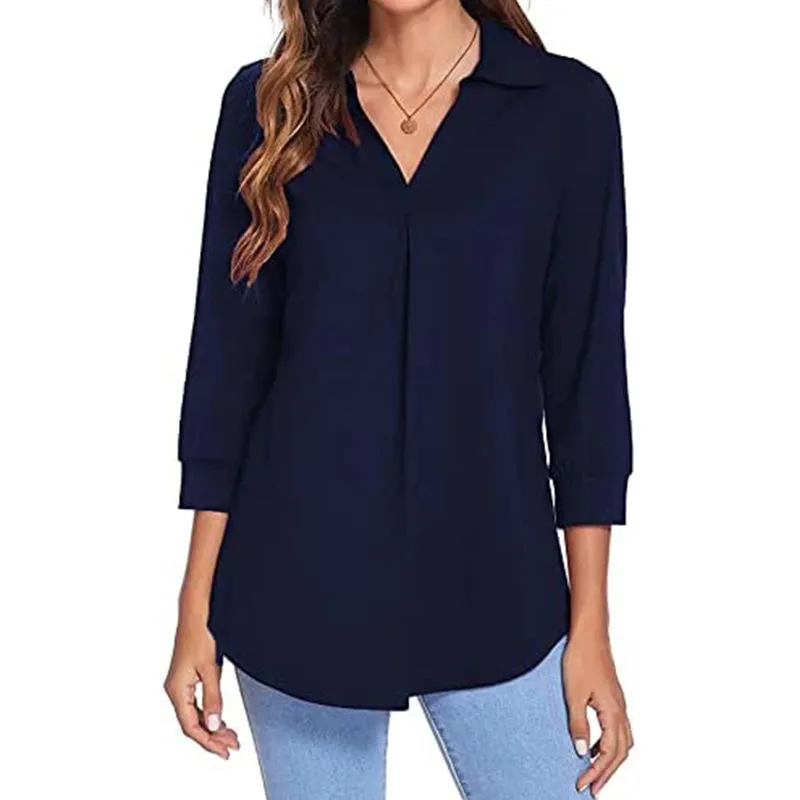Womens 3/4 Sleeve Shirts Collared V Neck Business Casual Tops Loose Work Blouses