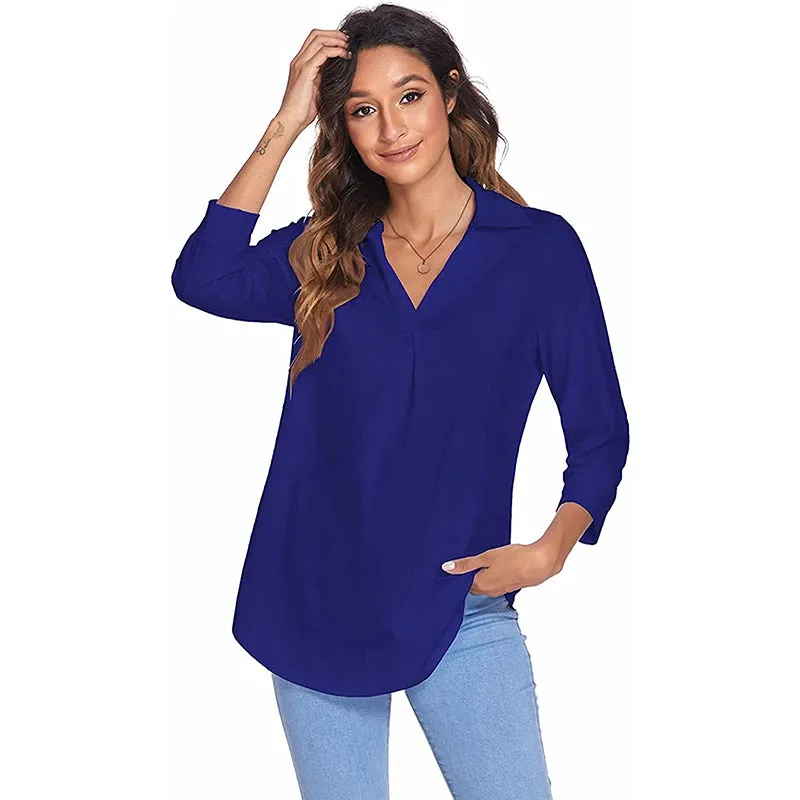 Womens 3/4 Sleeve Shirts Collared V Neck Business Casual Tops Loose Work Blouses