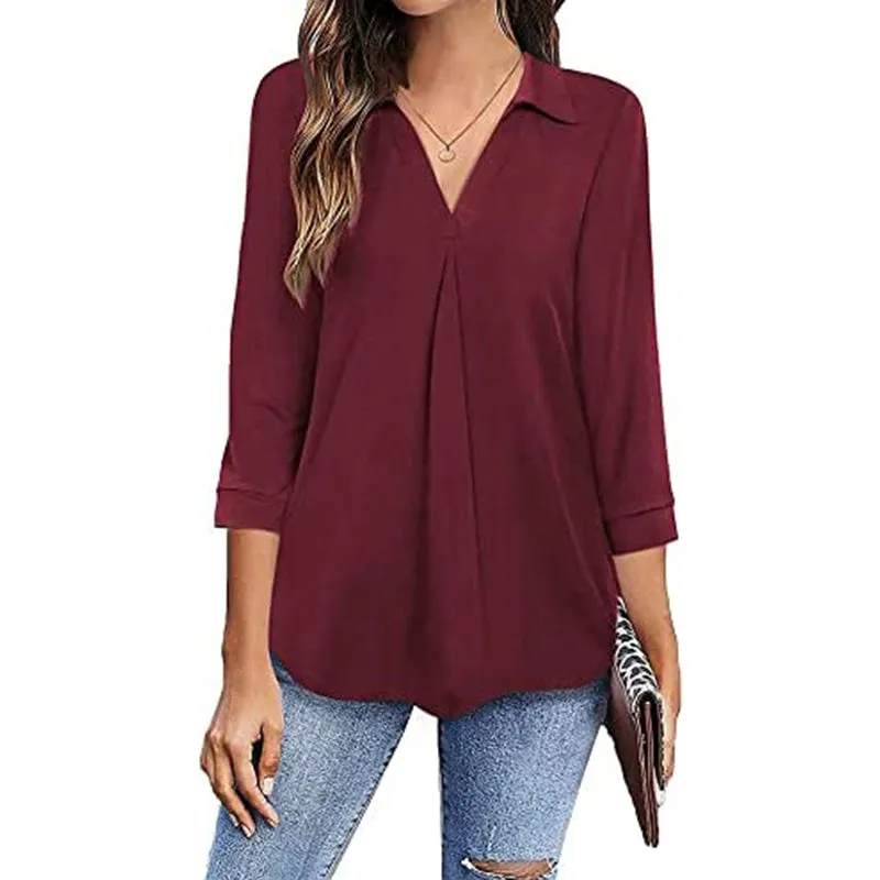 Womens 3/4 Sleeve Shirts Collared V Neck Business Casual Tops Loose Work Blouses