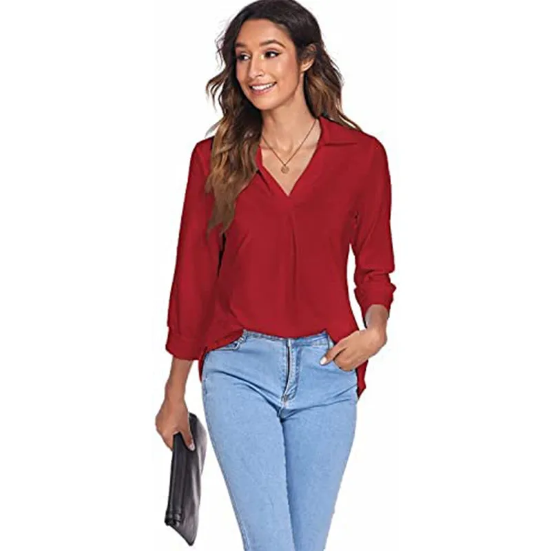 Womens 3/4 Sleeve Shirts Collared V Neck Business Casual Tops Loose Work Blouses