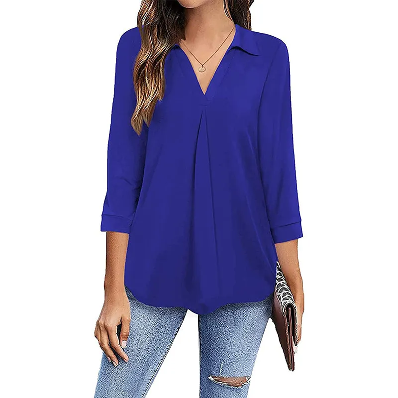 Womens 3/4 Sleeve Shirts Collared V Neck Business Casual Tops Loose Work Blouses